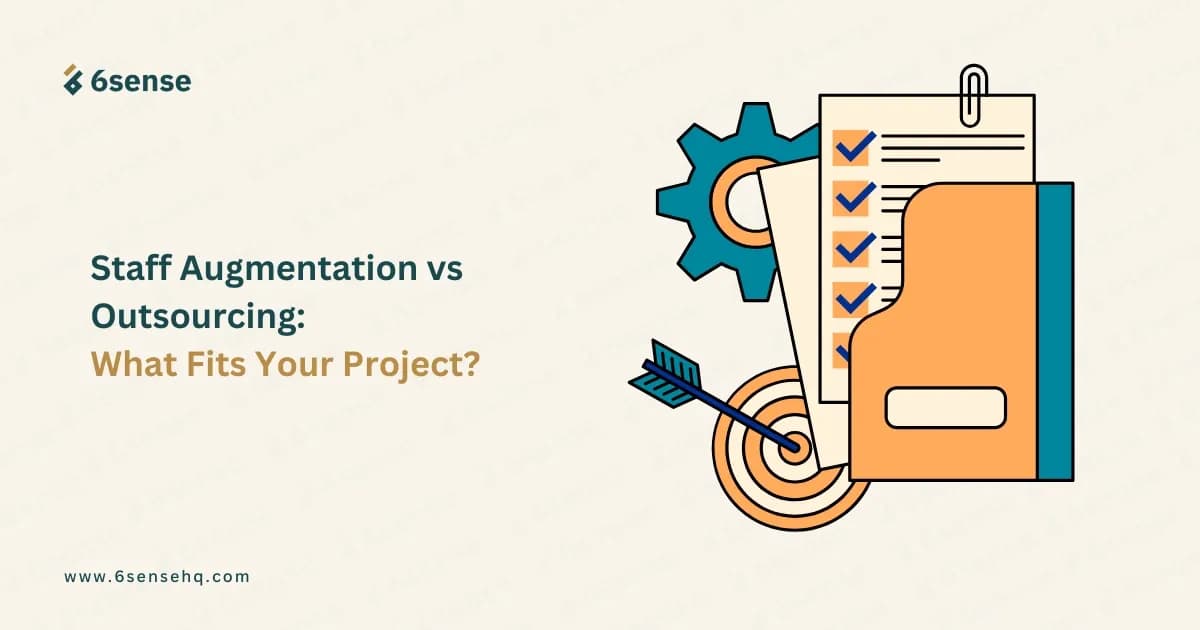 an image with vectors elements and text which says staff augmentation vs outsourcing what fits your project