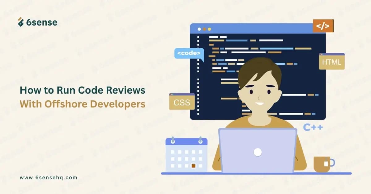 Illustration of a developer running code reviews with offshore developers using a shared code screen.